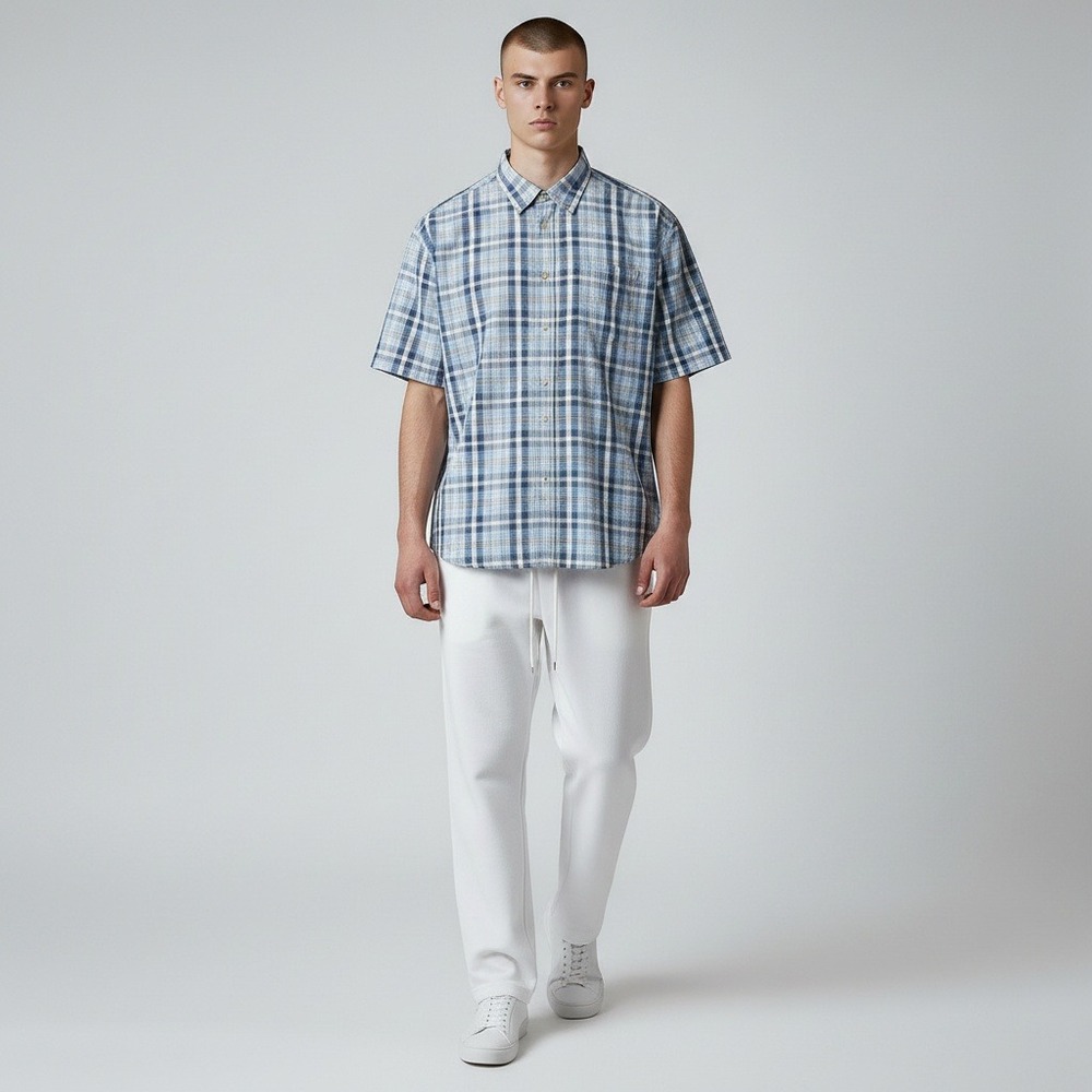 Levi's Plaid Button Up Shirt XL Blue White Short Sleeve Cotton Casual Pocket